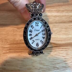 Vivani Silver Tone Oval Quartz Watch Black Crystal Cuff Bracelet Vintage Womens